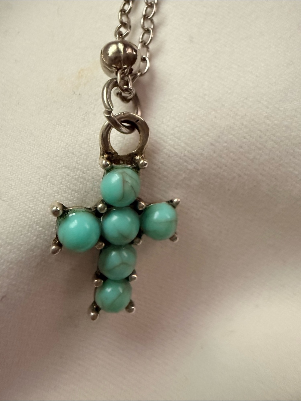 Turquoise Color Beaded Cross Necklace Silver Tone Dainty Christian Jewelry